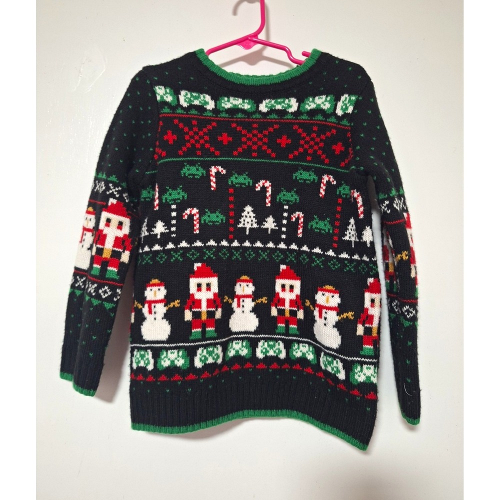 Holiday Time Girls XS 4-5 Ugly Christmas Sweater Santa Snowman Pixel Gamer Black